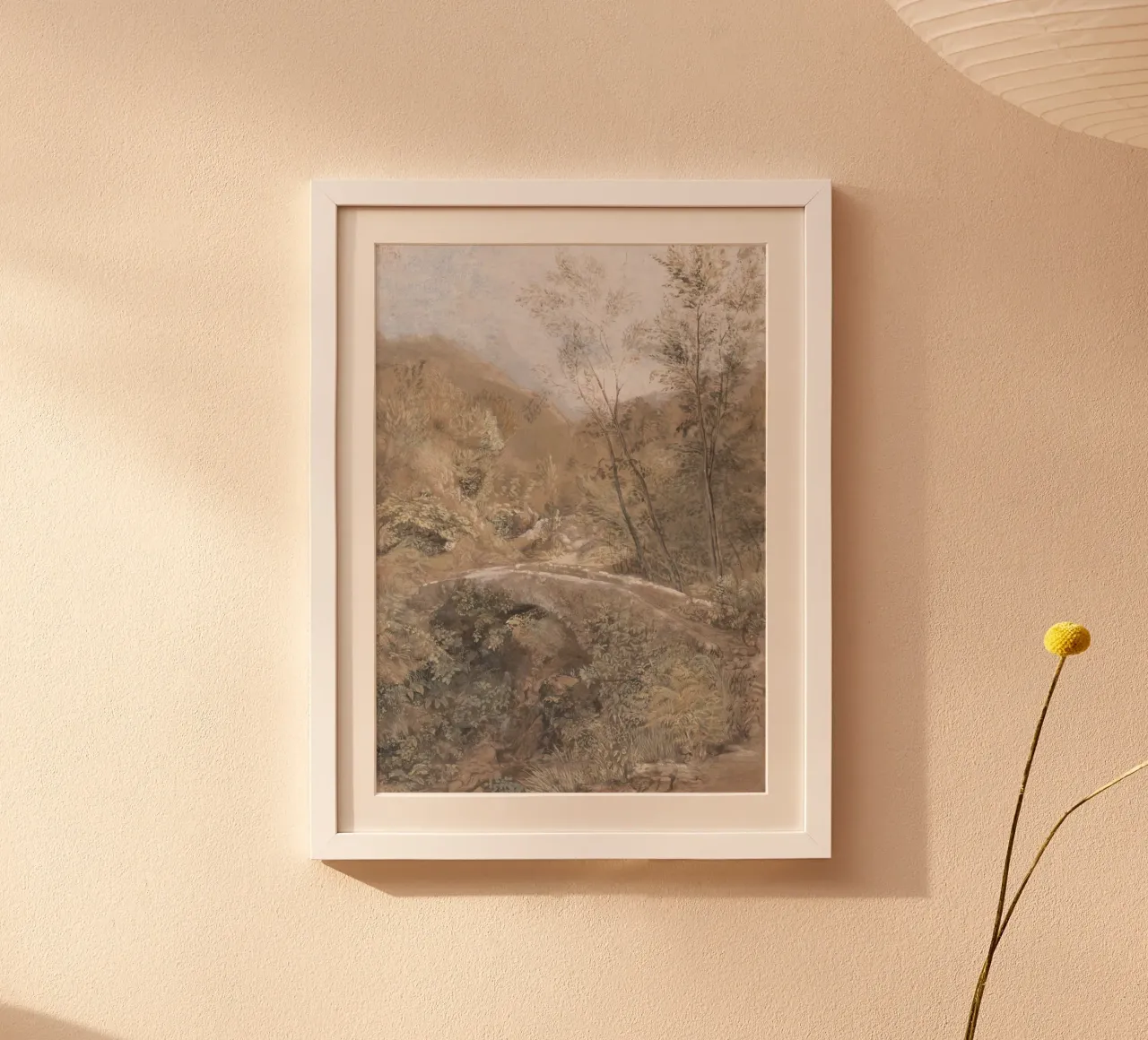 Paesaggio romantico: Ponte di pietra e vista sulla valle poster con telaio in legno da ClubArt