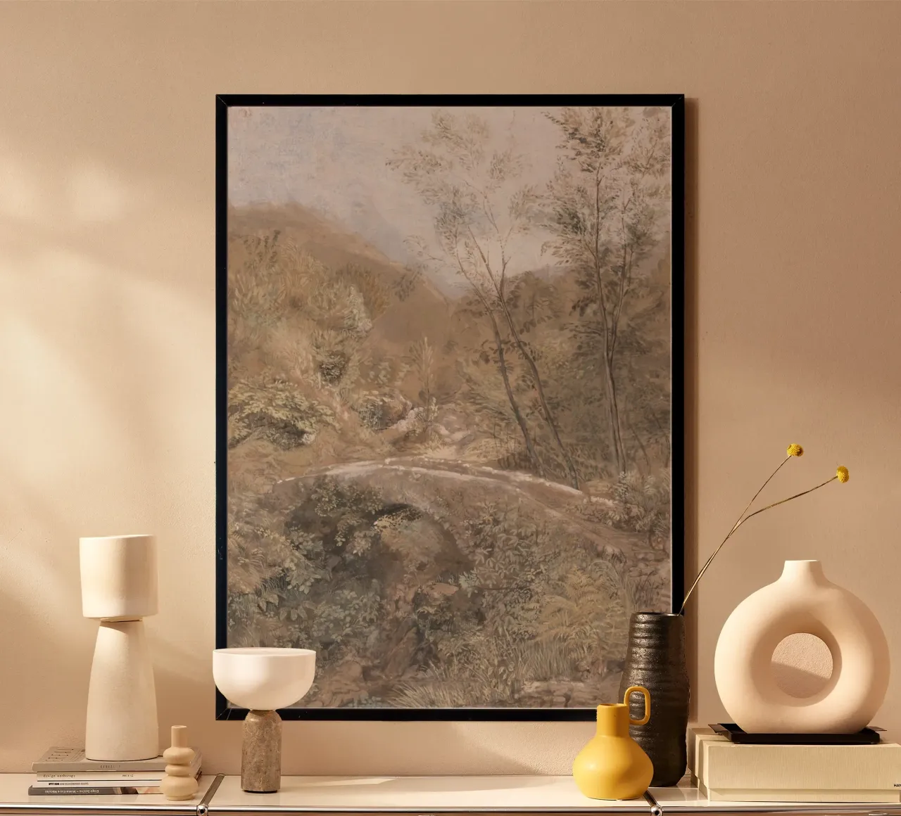 Paesaggio romantico: Ponte di pietra e vista sulla valle poster con telaio in legno da ClubArt