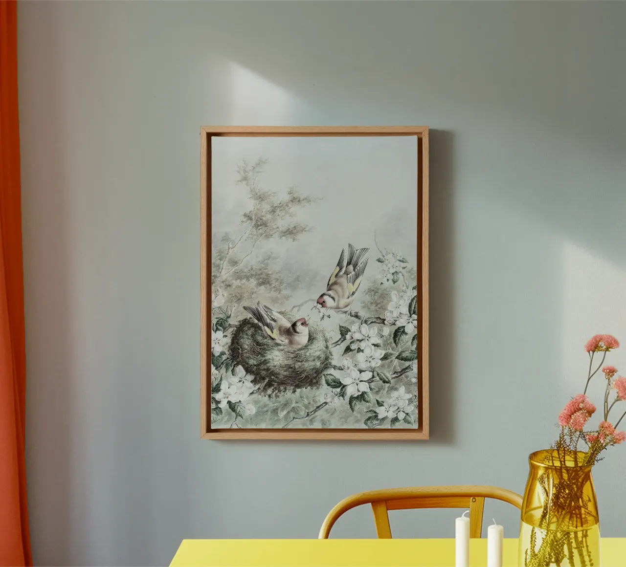 Vintage Avian Art: Goldfinches & Nest in Blossom Tree canvas with Floater frame by ClubArt