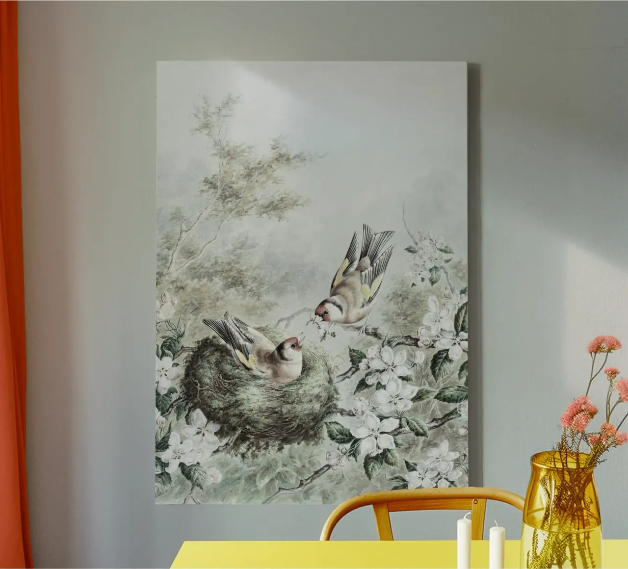 Vintage Avian Art: Goldfinches & Nest in Blossom Tree canvas with Floater frame by ClubArt