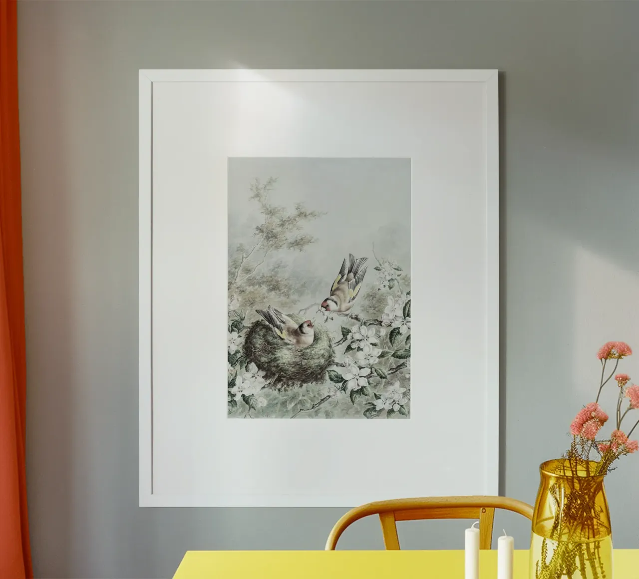 Vintage Avian Art: Goldfinches & Nest in Blossom Tree poster with wooden frame by ClubArt