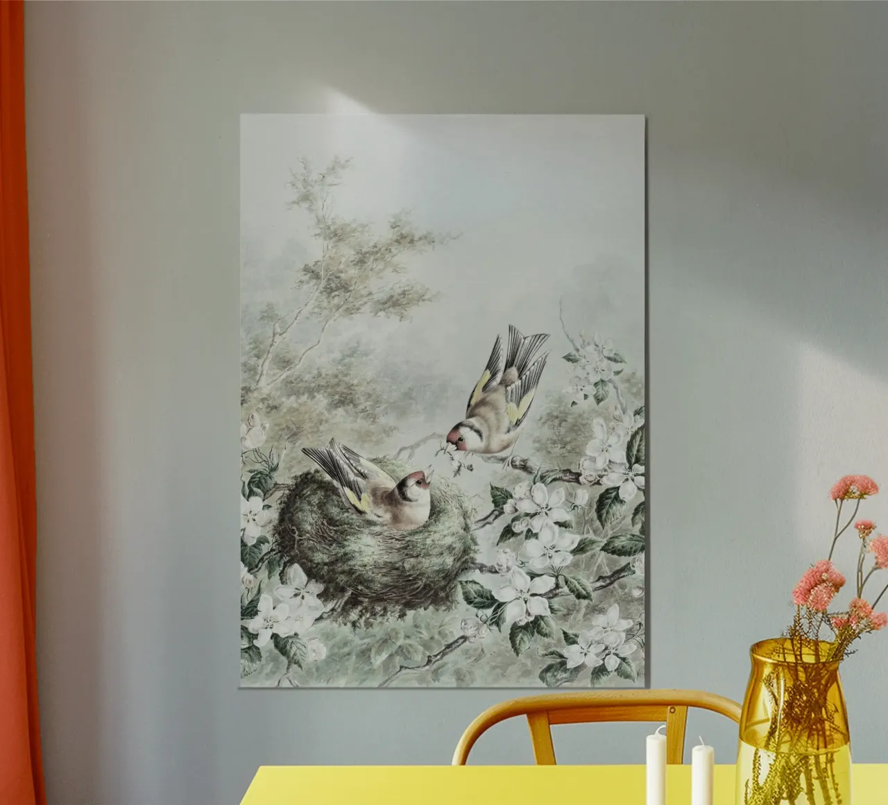 Vintage Avian Art: Goldfinches & Nest in Blossom Tree poster with wooden frame by ClubArt