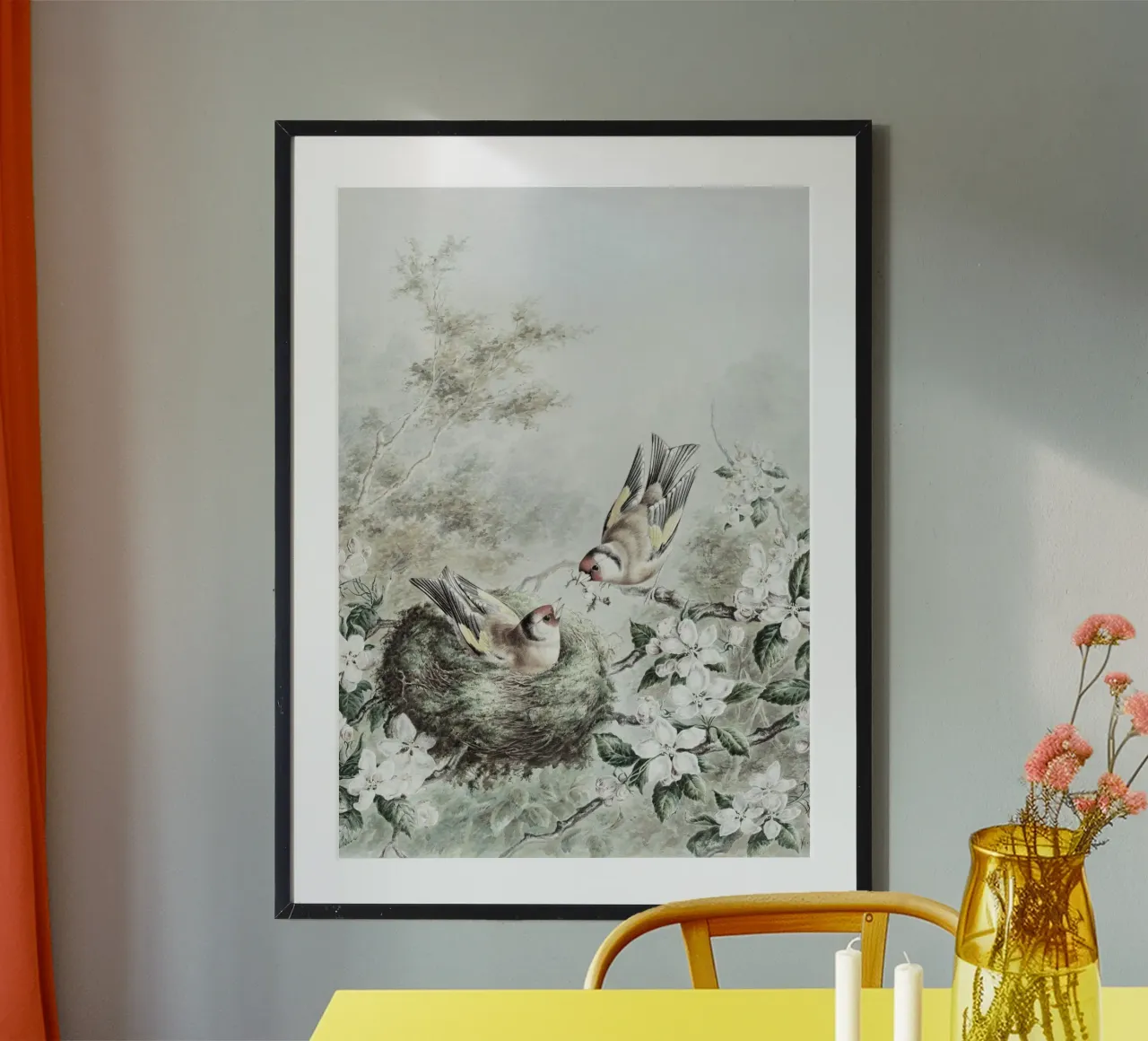 Vintage Avian Art: Goldfinches & Nest in Blossom Tree poster with wooden frame by ClubArt
