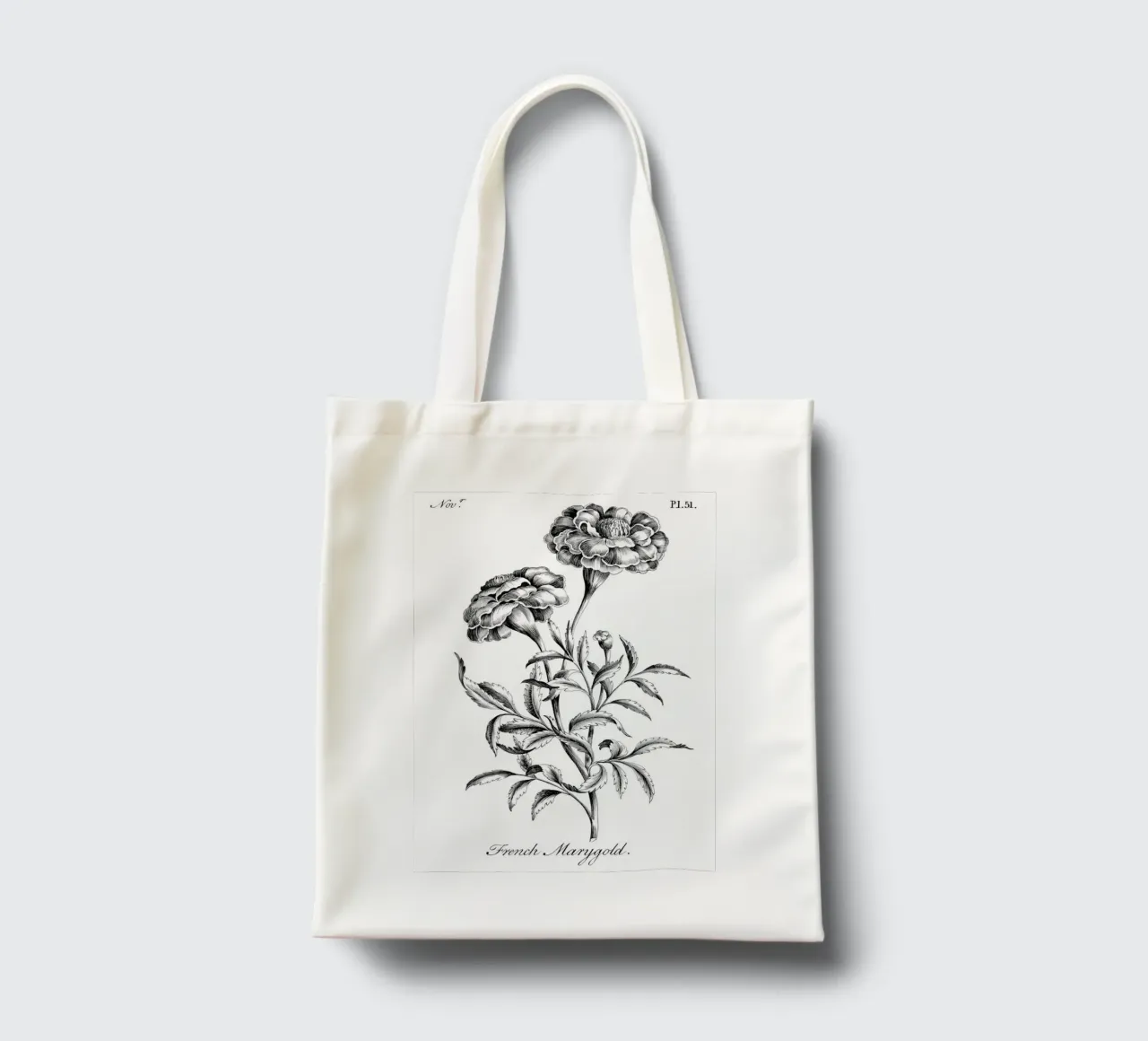 Incisione botanica d'epoca: Fiore di calendula francese borsa in juta da ClubArt