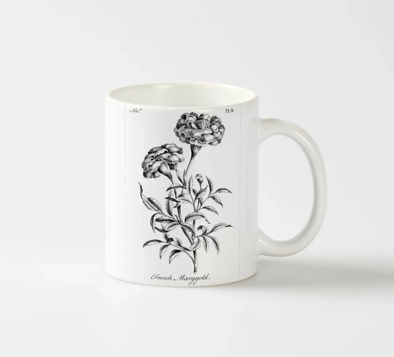 Incisione botanica d'epoca: Fiore di calendula francese tazza in ceramica da ClubArt