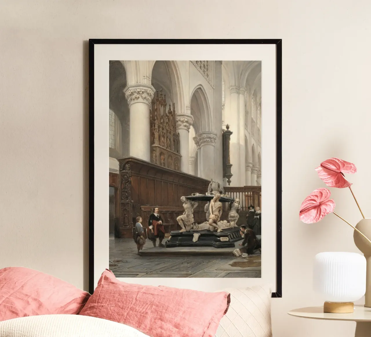 Interno rinascimentale: Chiesa con monumento e figure poster da ClubArt