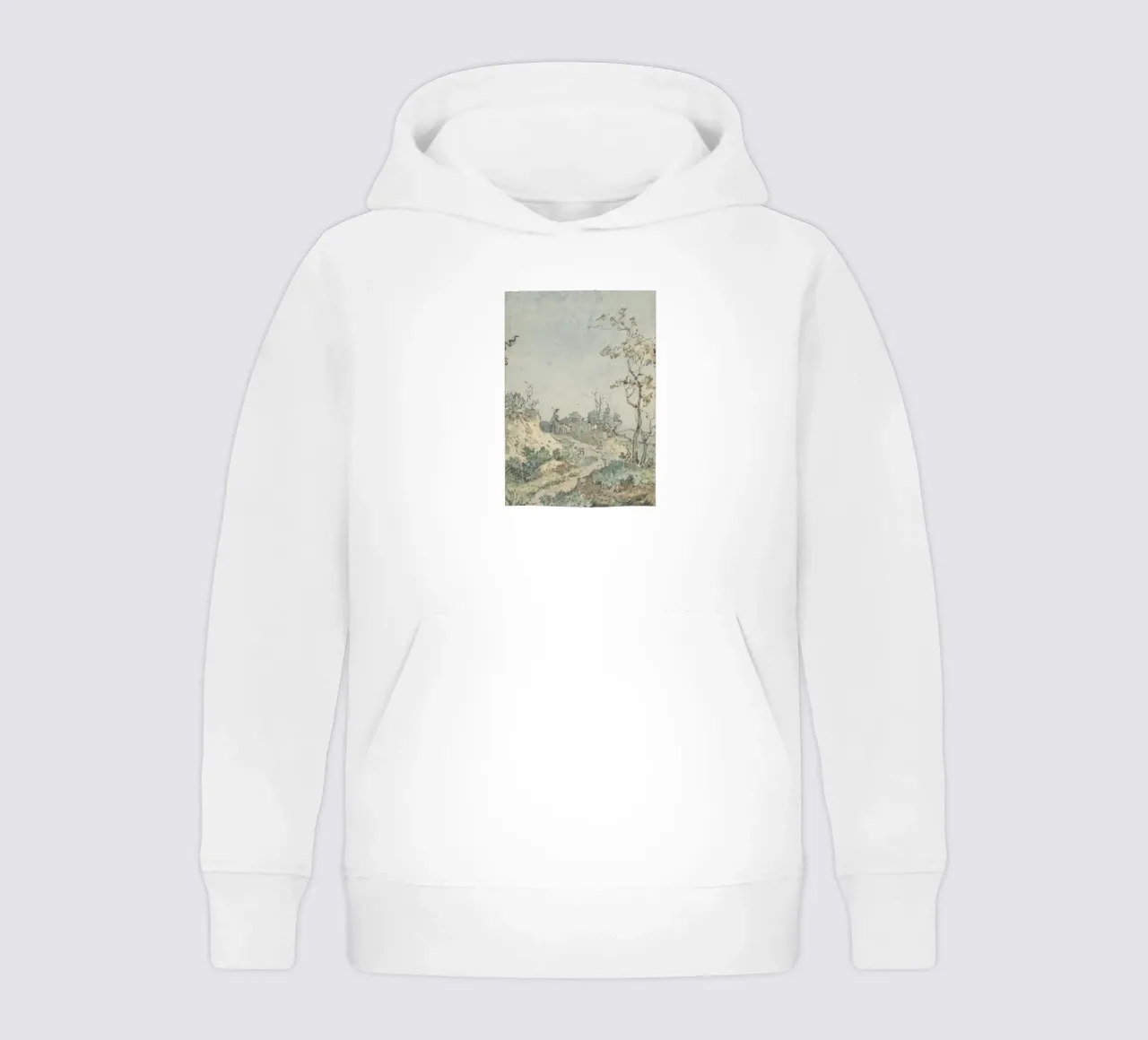 Rustic Landscape Sketch: Figure with Dog on Path kids hoodie by ClubArt