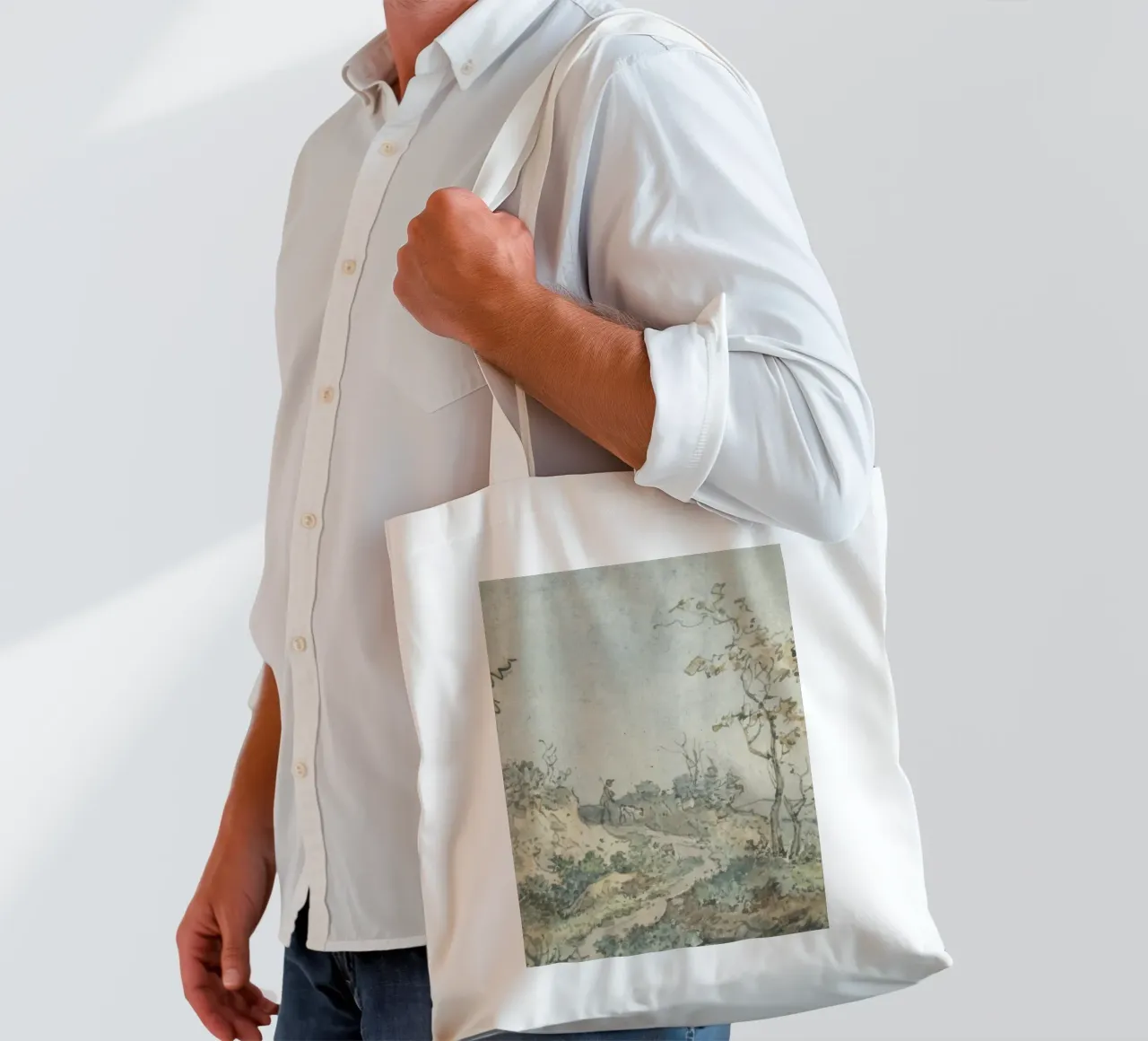 Rustic Landscape Sketch: Figure with Dog on Path tote bag by ClubArt