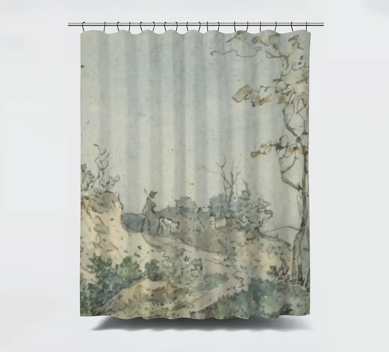 Rustic Landscape Sketch: Figure with Dog on Path shower curtain by ClubArt