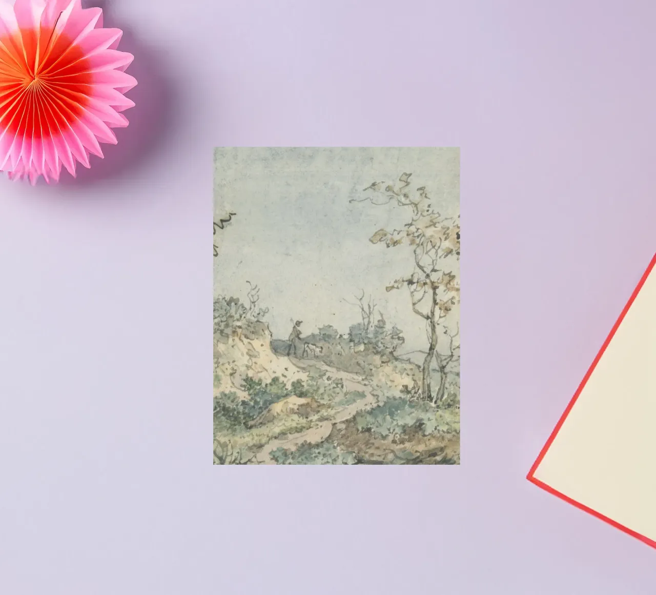Rustic Landscape Sketch: Figure with Dog on Path sticker by ClubArt