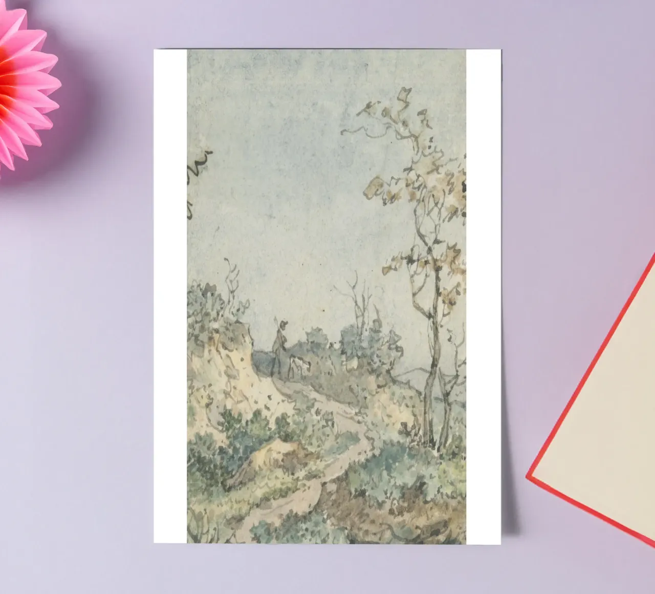 Rustic Landscape Sketch: Figure with Dog on Path sticker sheet by ClubArt