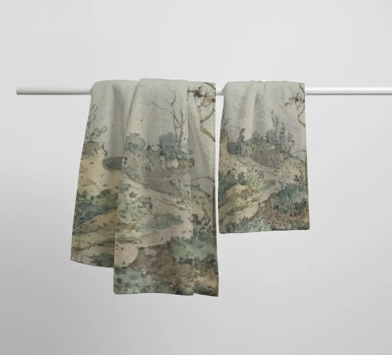 Rustic Landscape Sketch: Figure with Dog on Path towel by ClubArt