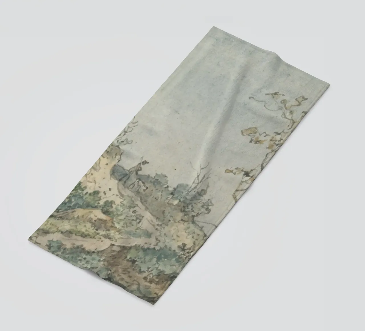 Rustic Landscape Sketch: Figure with Dog on Path beach towel by ClubArt