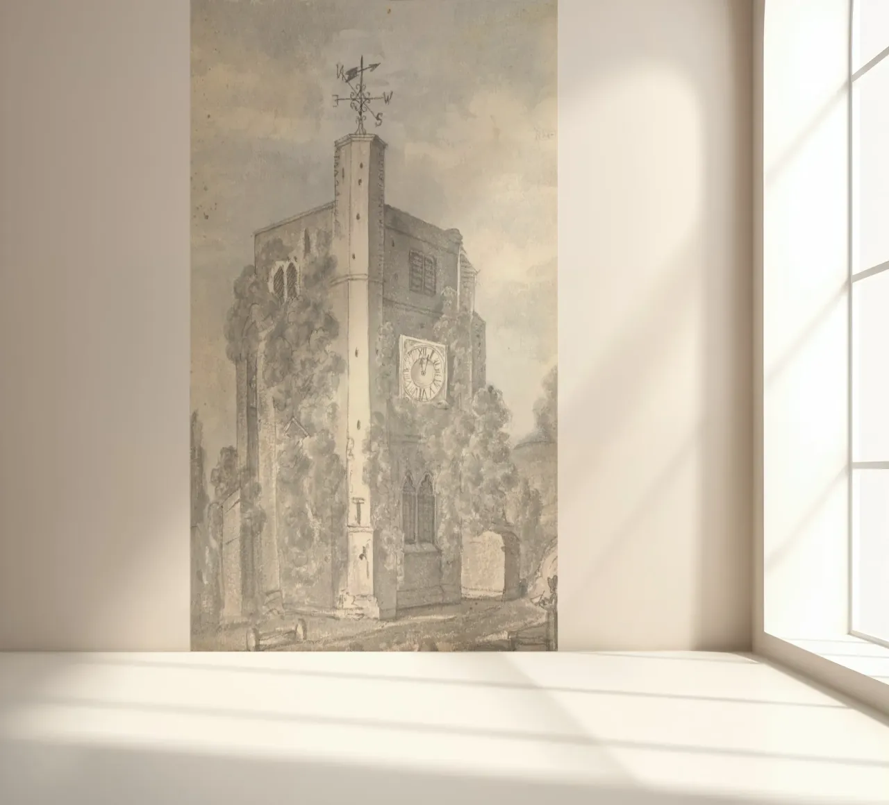 Rustieke kerktoren: Windwijzer & met klimop beklede muren fotobehang van ClubArt