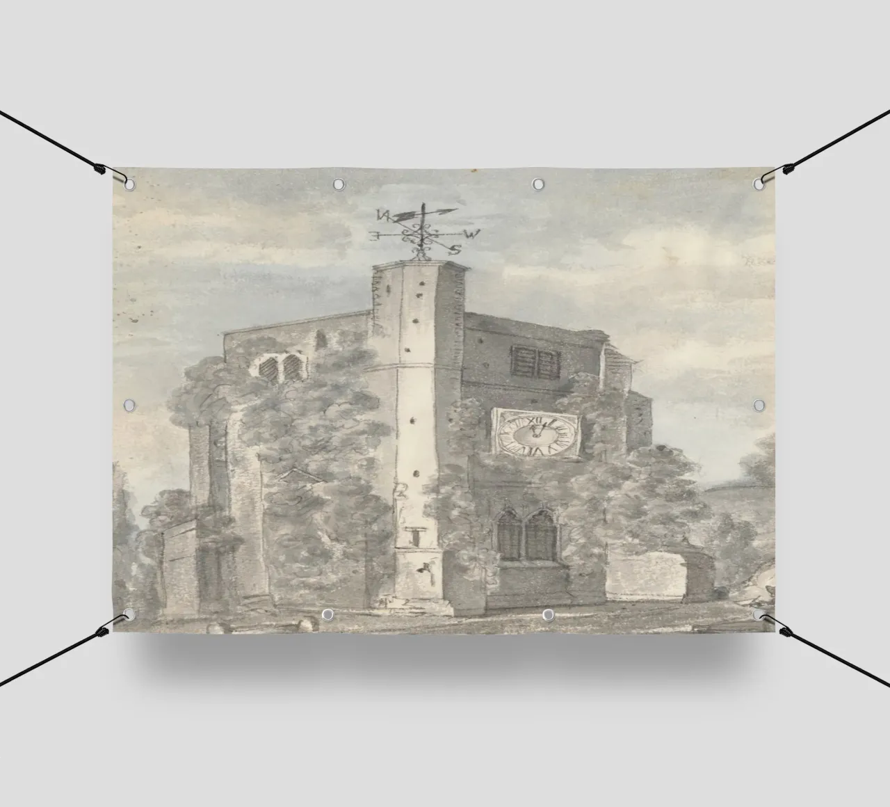 Torre della chiesa rustica: Pale meteorologiche e pareti rivestite d'edera telo in pvc da ClubArt