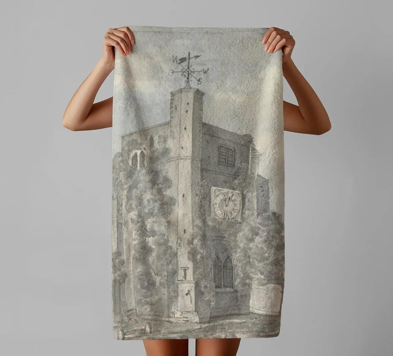 Rustic Church Tower: Weather Vane & Ivy-Clad Walls towel by ClubArt