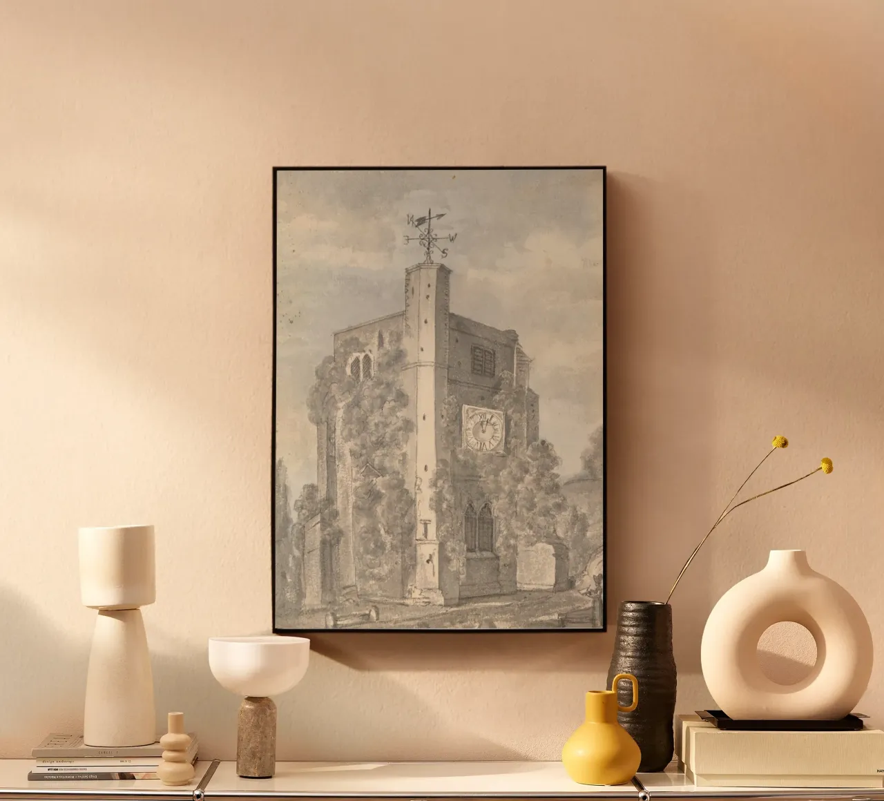 Rustikaler Kirchturm: Wetterfahne und efeubewachsene Mauern Acryl-Glas von ClubArt