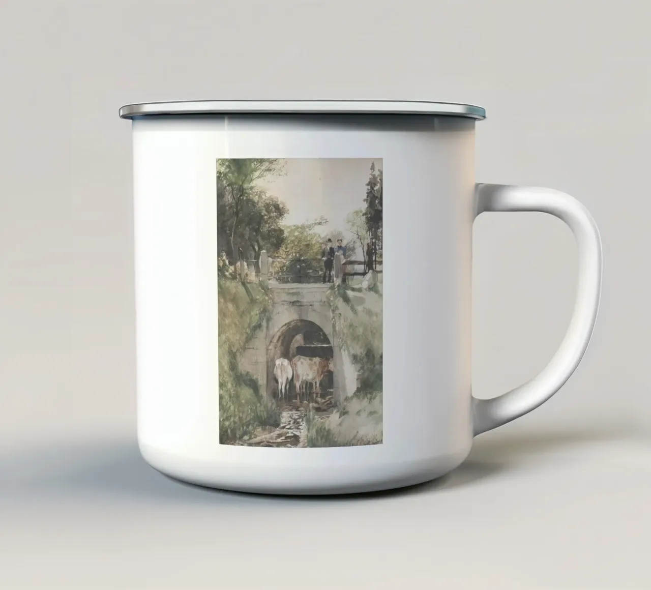 Scena di ponte rurale: Mucche sotto l'arco, figure in alto (1876) tazza in smalto da ClubArt