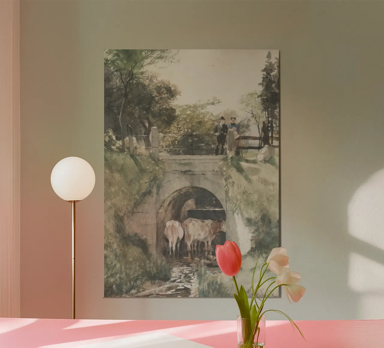 Scena di ponte rurale: Mucche sotto l'arco, figure in alto (1876) poster da ClubArt