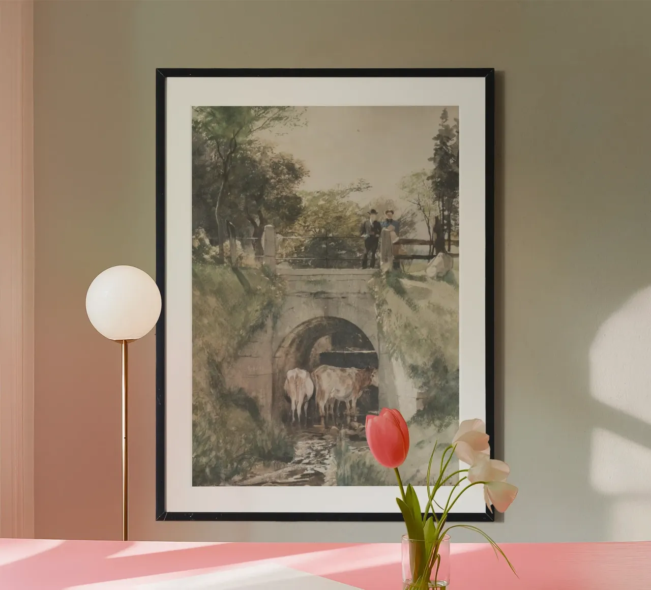 Scena di ponte rurale: Mucche sotto l'arco, figure in alto (1876) poster da ClubArt