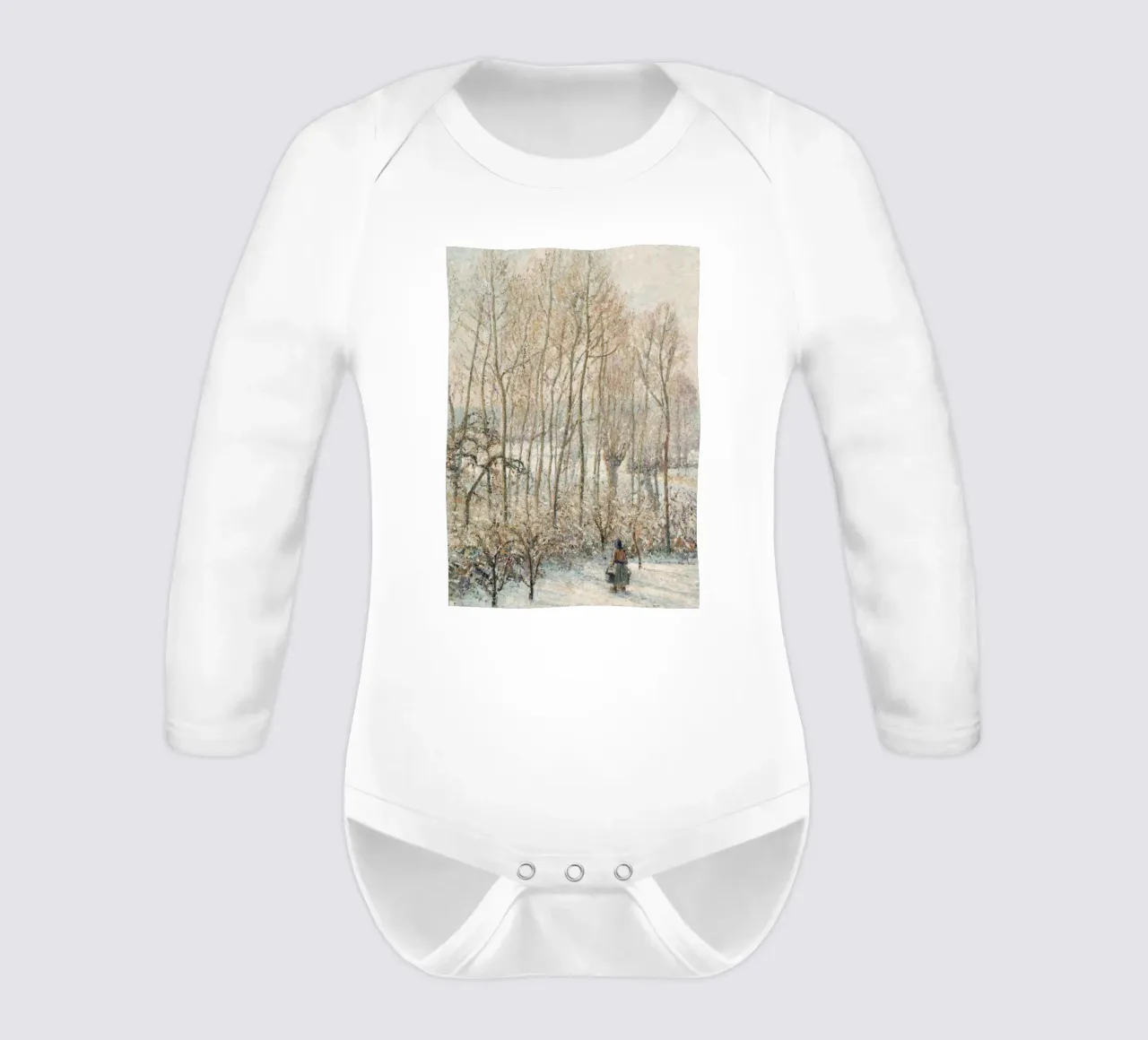 Impressionist Winter: Snowy Path with Lone Figure & Trees long-sleeve baby romper by ClubArt