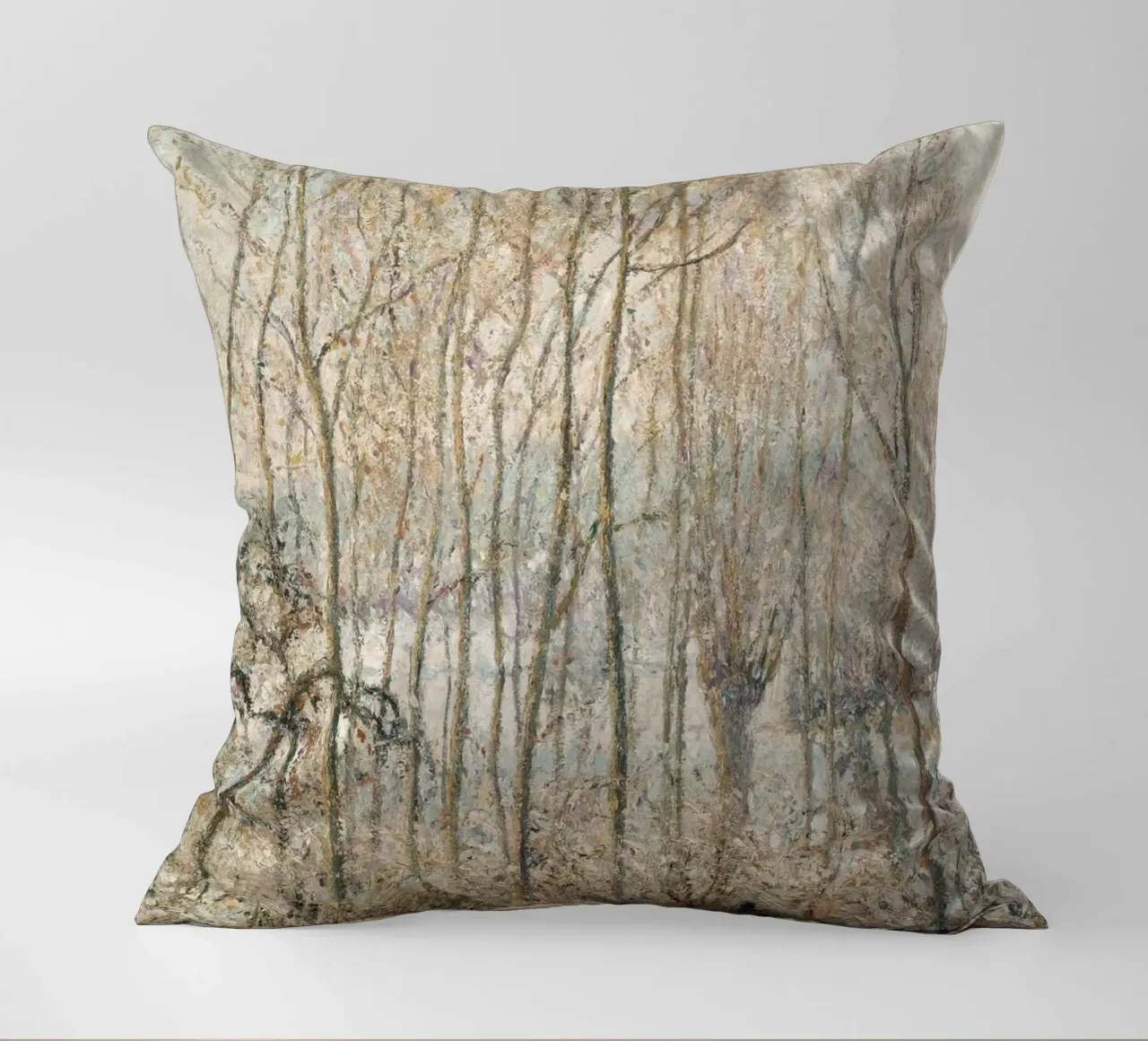 Impressionist Winter: Snowy Path with Lone Figure & Trees decorative cushion by ClubArt