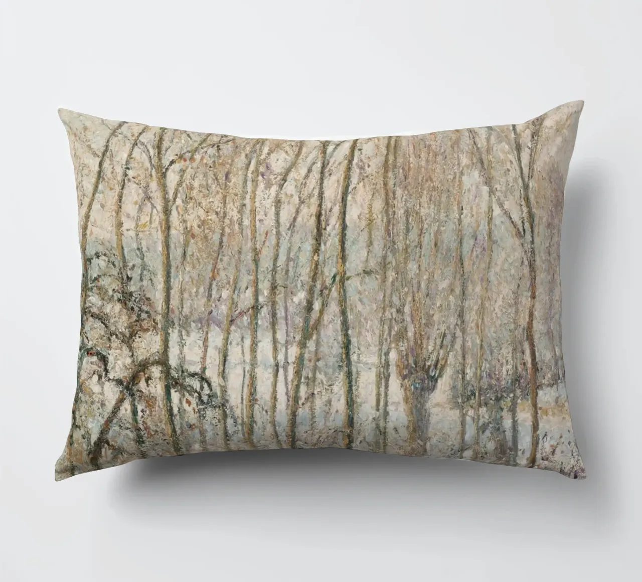 Impressionist Winter: Snowy Path with Lone Figure & Trees decorative cushion by ClubArt