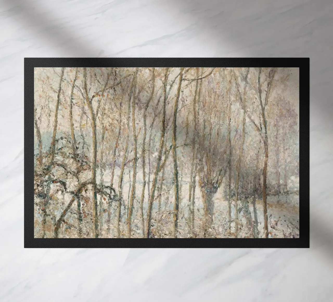 Impressionist Winter: Snowy Path with Lone Figure & Trees doormat by ClubArt
