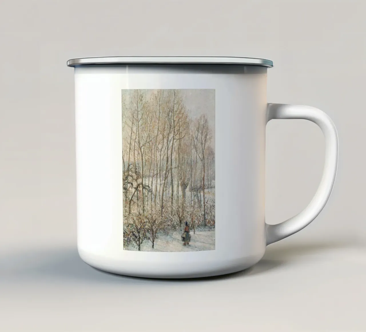 Impressionist Winter: Snowy Path with Lone Figure & Trees enamel mug by ClubArt