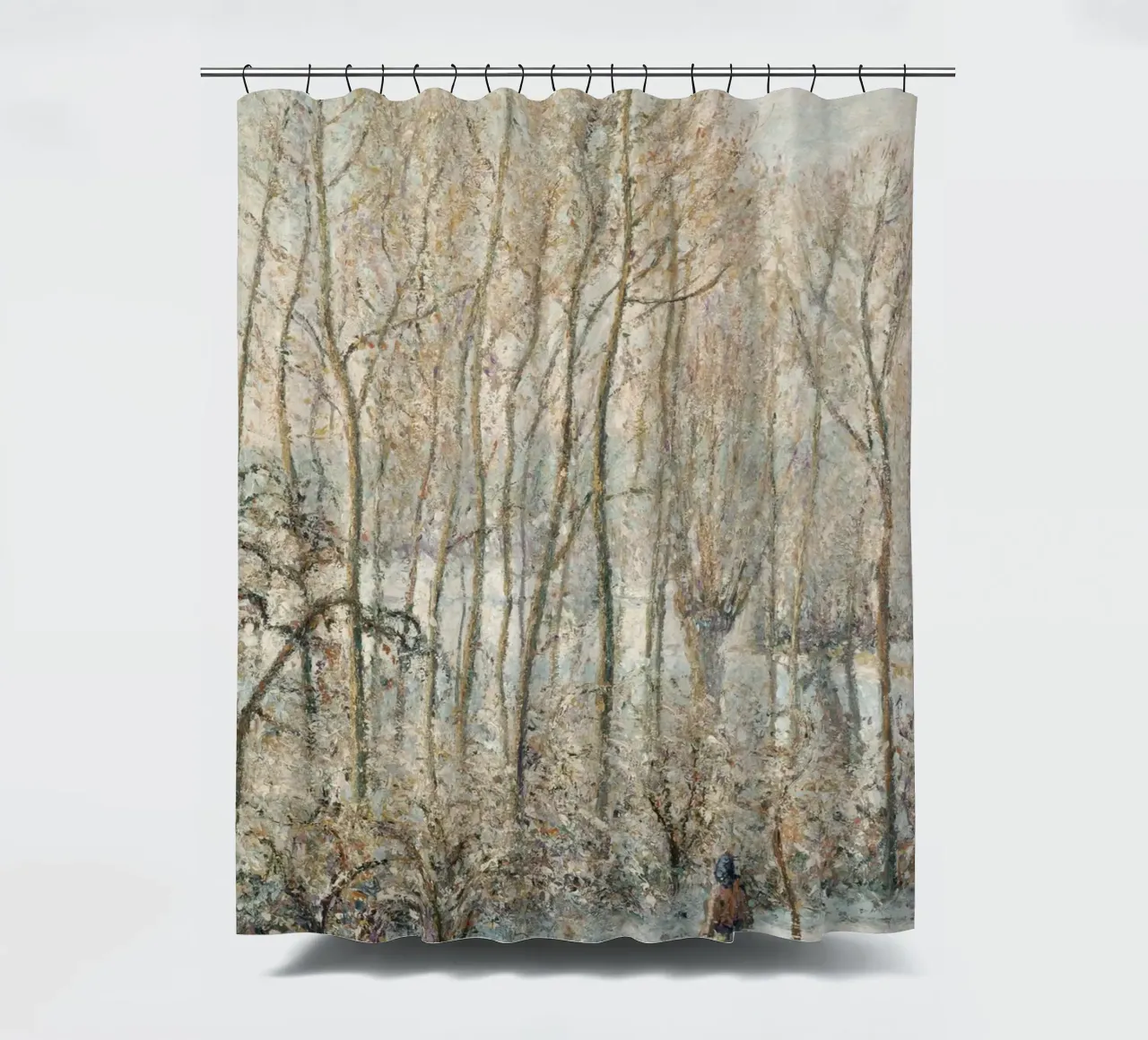 Impressionist Winter: Snowy Path with Lone Figure & Trees shower curtain by ClubArt