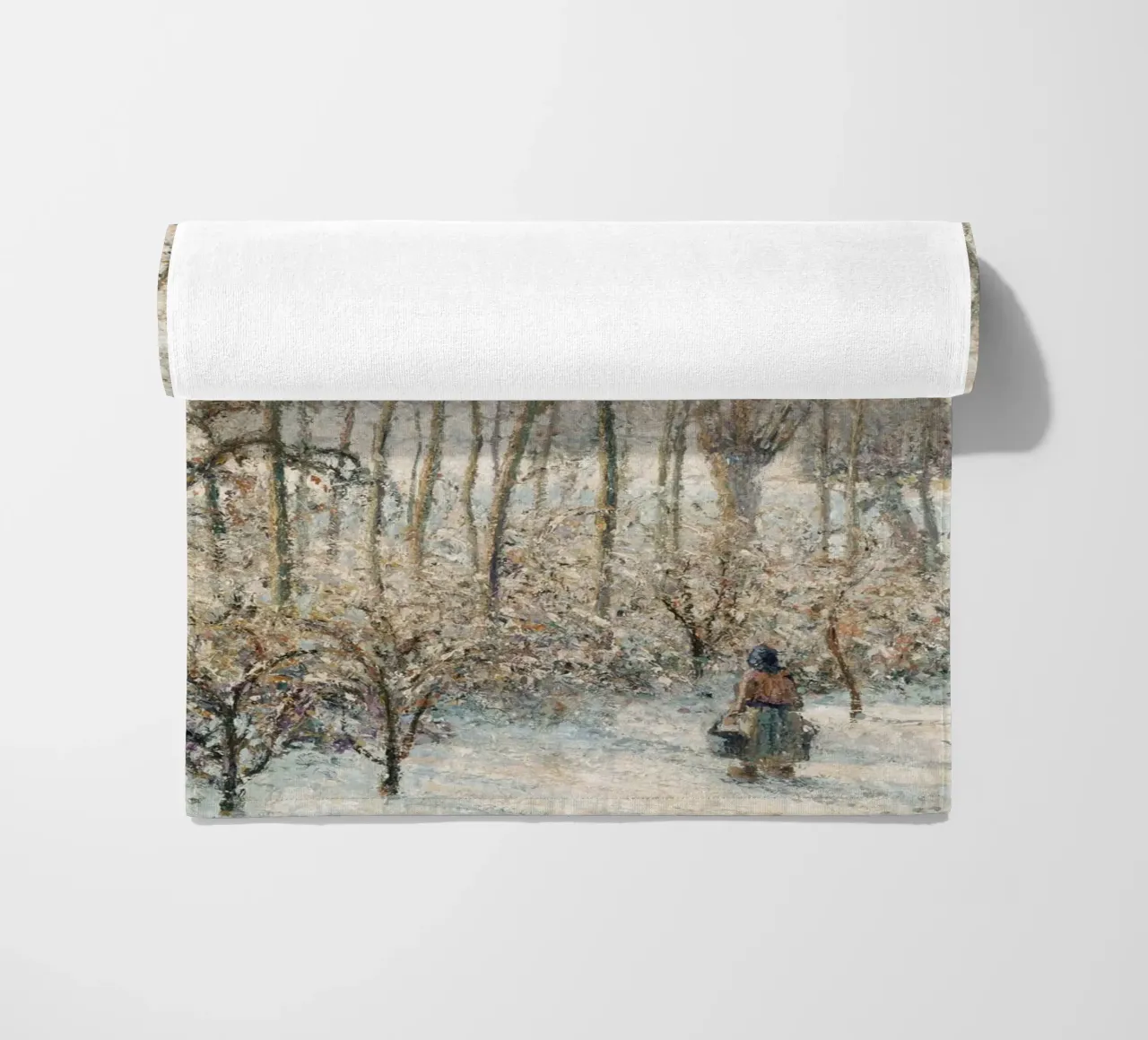 Impressionist Winter: Snowy Path with Lone Figure & Trees beach towel by ClubArt