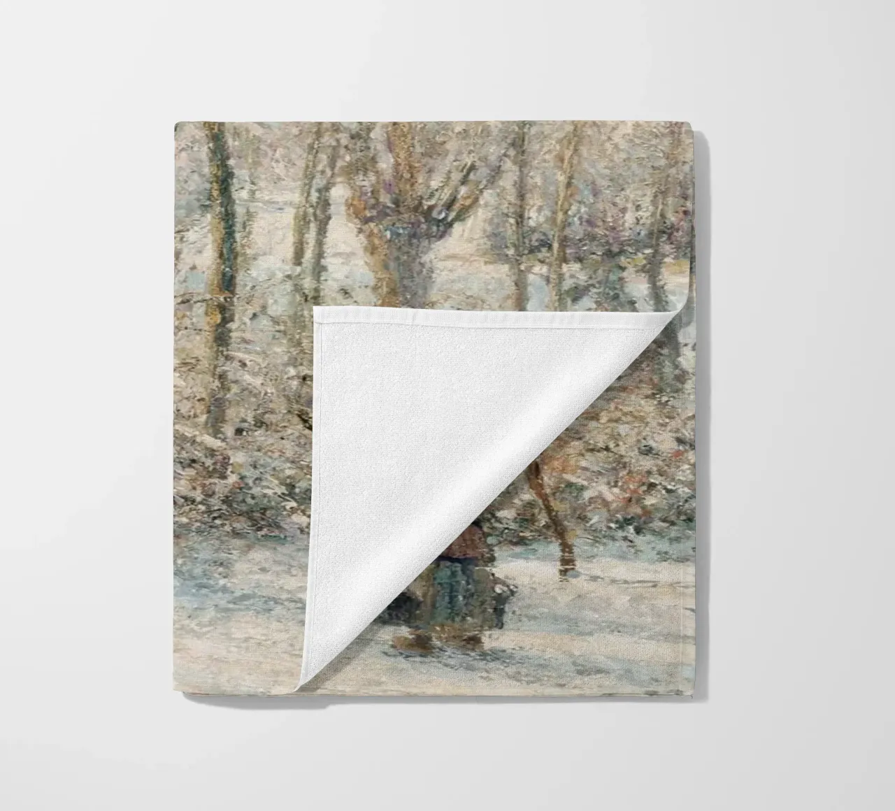 Impressionist Winter: Snowy Path with Lone Figure & Trees beach towel by ClubArt