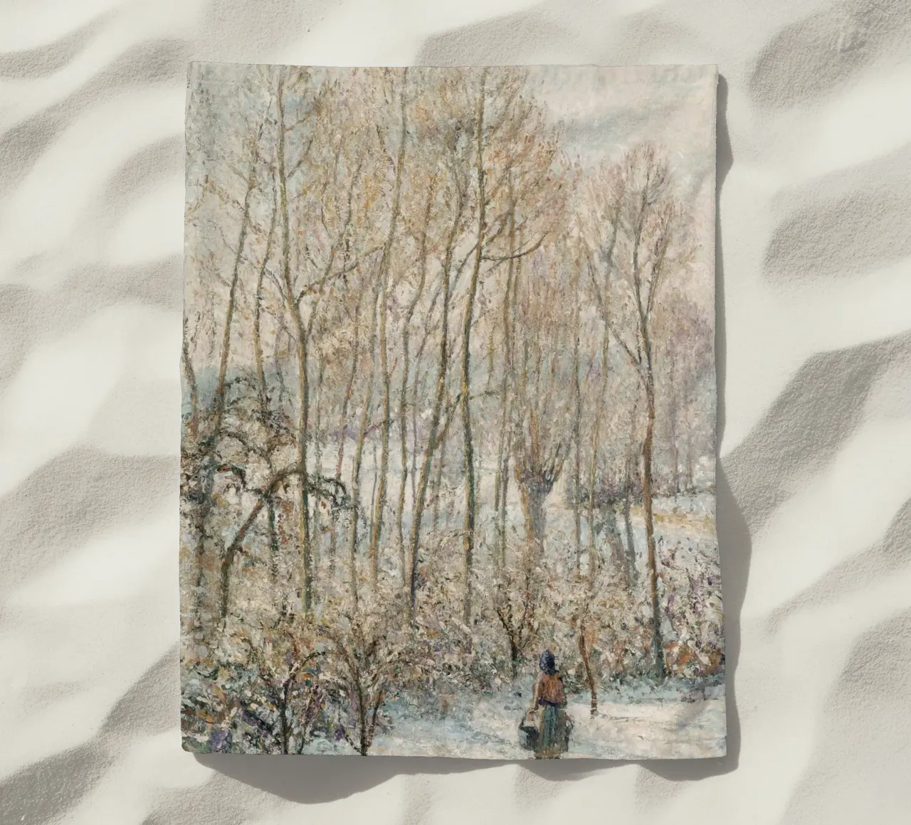 Impressionist Winter: Snowy Path with Lone Figure & Trees beach towel by ClubArt