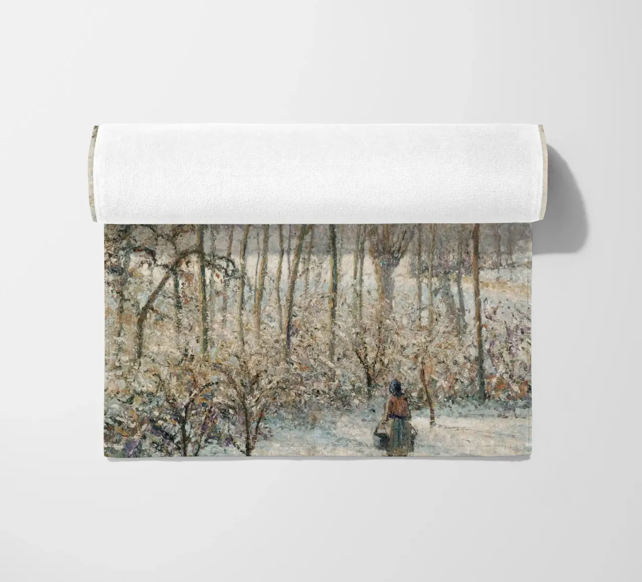 Impressionist Winter: Snowy Path with Lone Figure & Trees beach towel by ClubArt