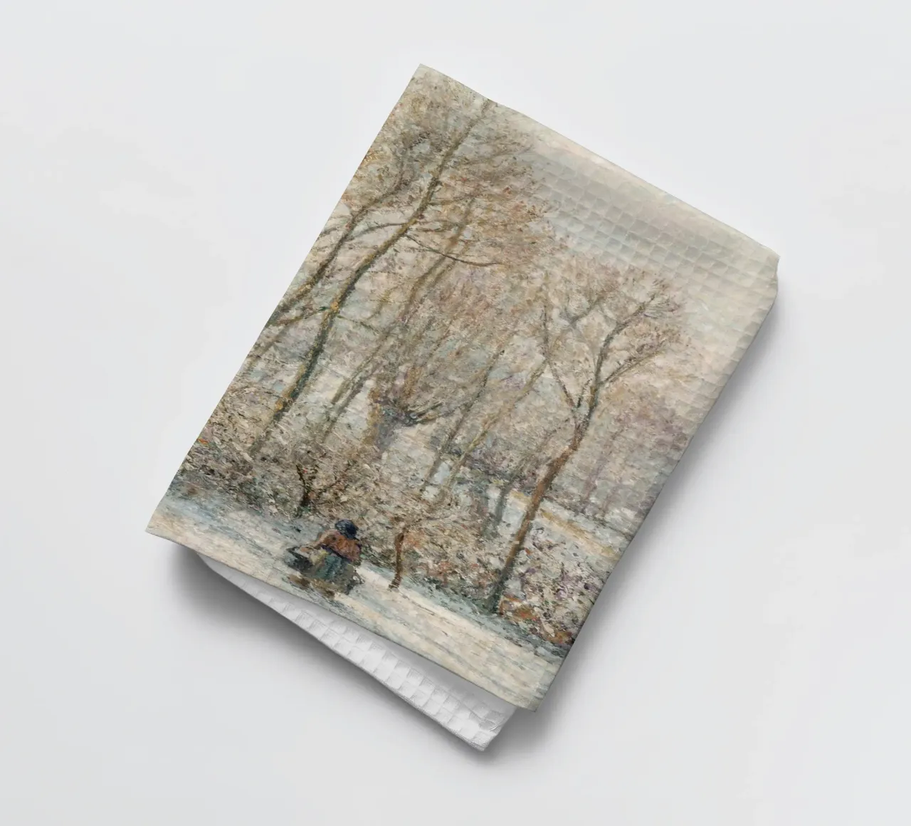 Impressionist Winter: Snowy Path with Lone Figure & Trees tea towel by ClubArt