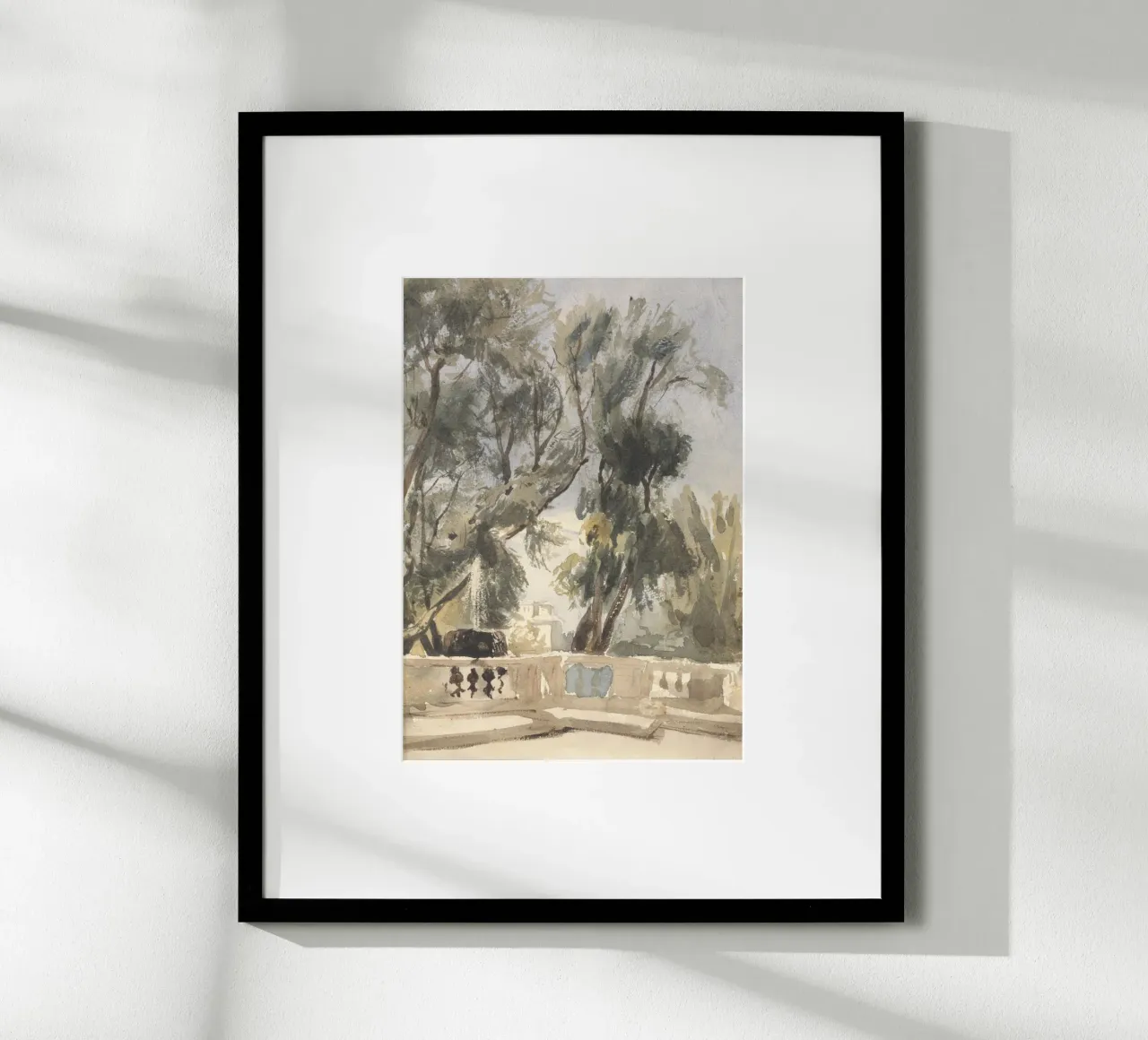 Giardino romantico: Studio della fontana e degli alberi spazzati dal vento poster con telaio in legno da ClubArt