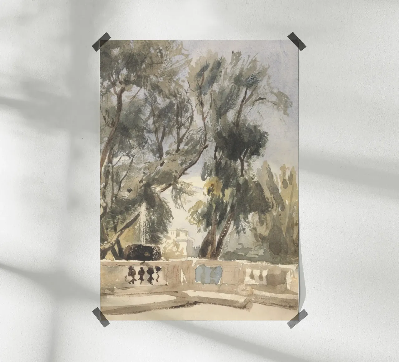 Giardino romantico: Studio della fontana e degli alberi spazzati dal vento poster con telaio in legno da ClubArt