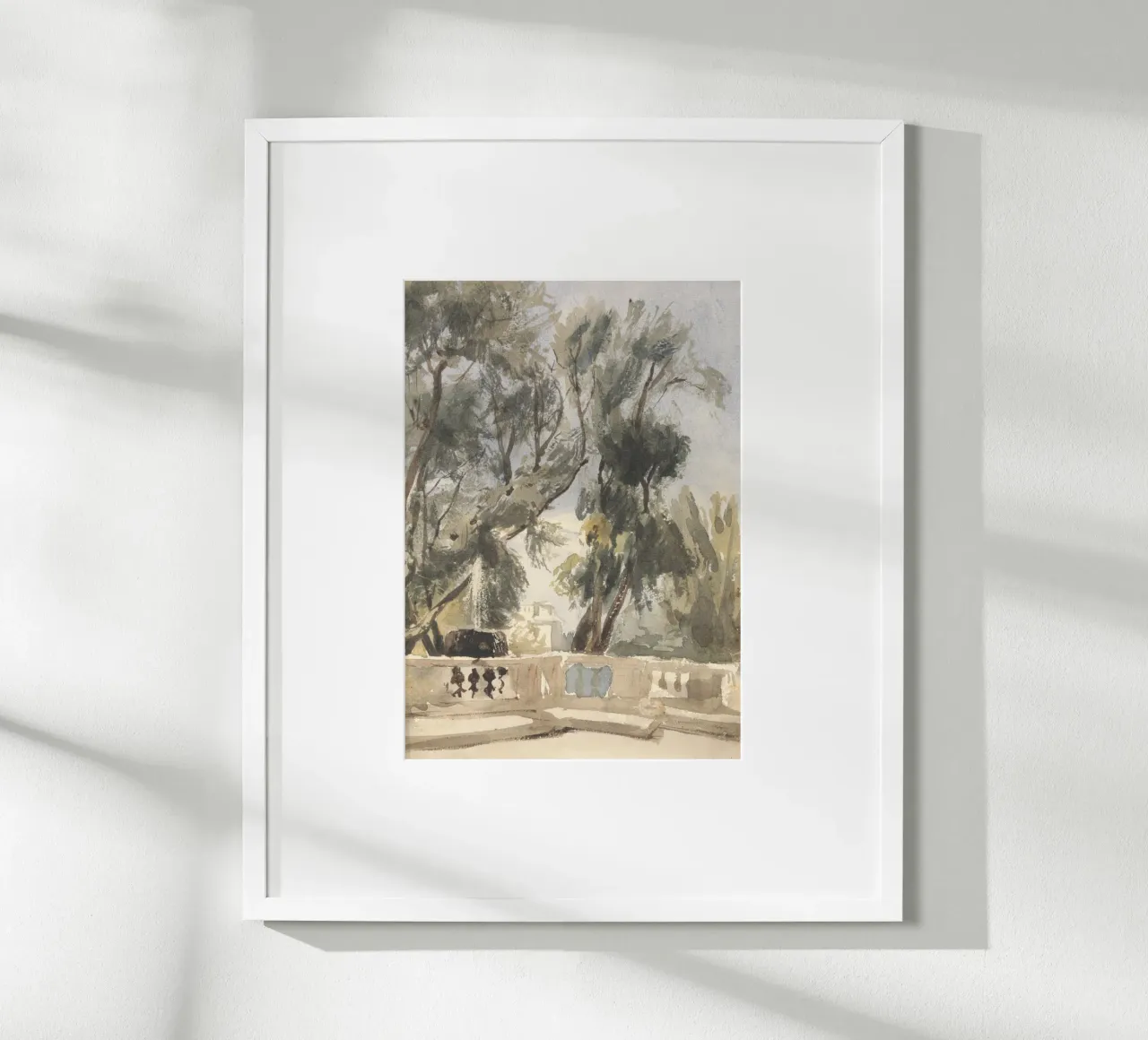 Giardino romantico: Studio della fontana e degli alberi spazzati dal vento poster con telaio in legno da ClubArt