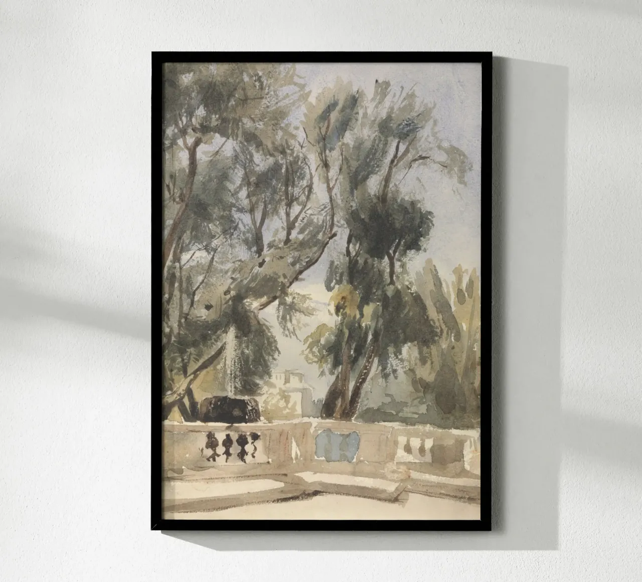 Giardino romantico: Studio della fontana e degli alberi spazzati dal vento poster con telaio in legno da ClubArt