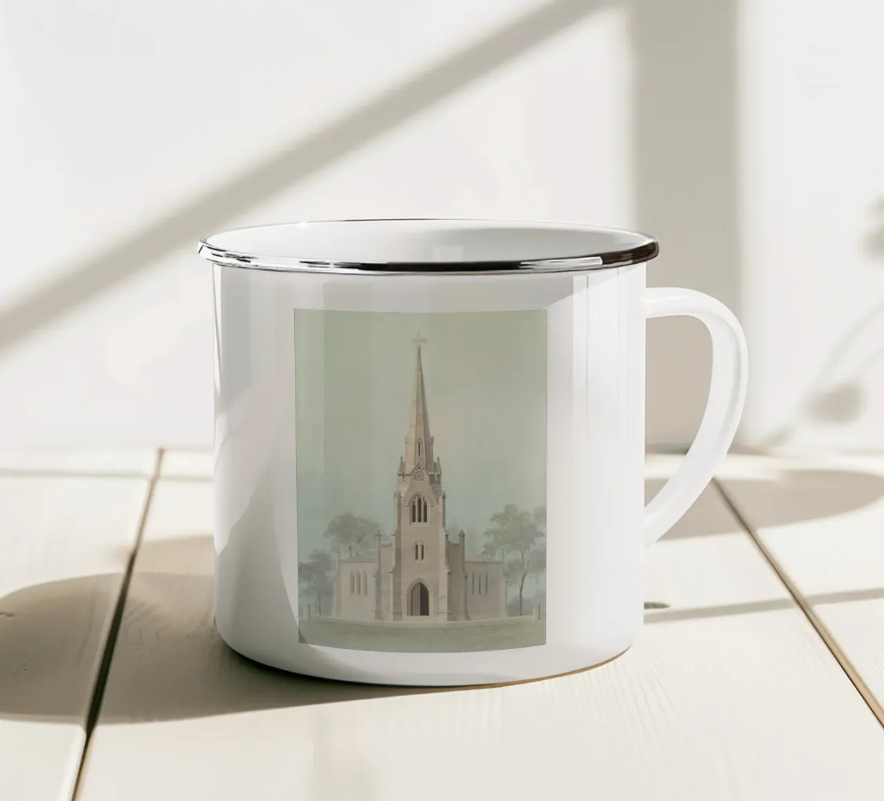 Neoklassieke kerk: Tekening steile gevel & bogen emaille mok van ClubArt