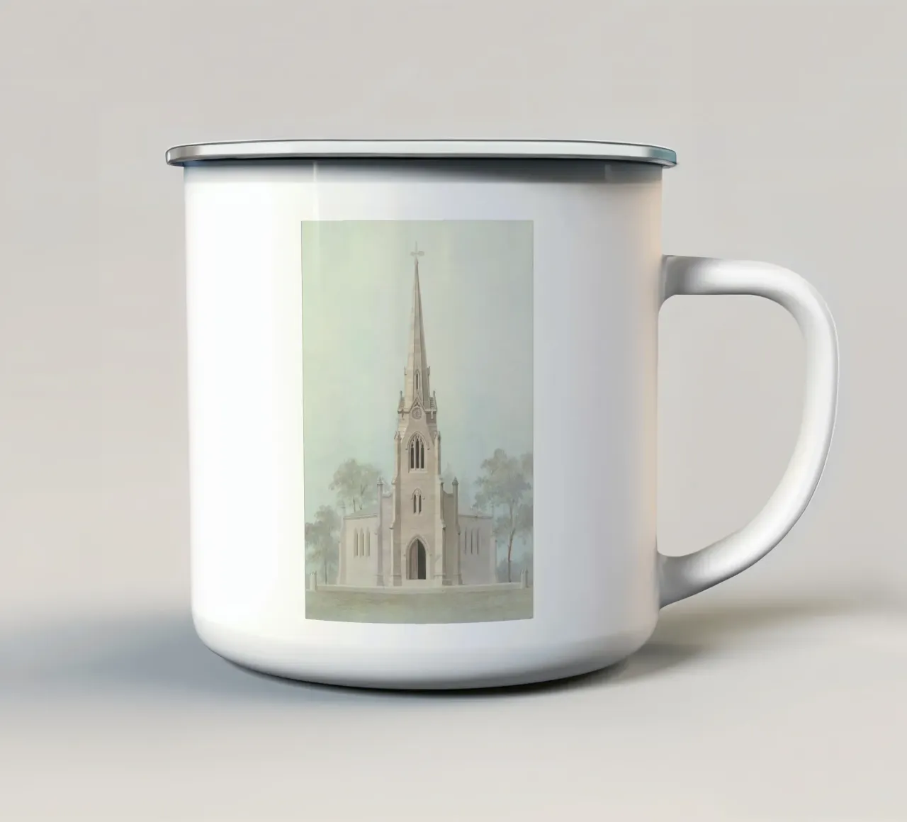 Neoklassieke kerk: Tekening steile gevel & bogen emaille mok van ClubArt