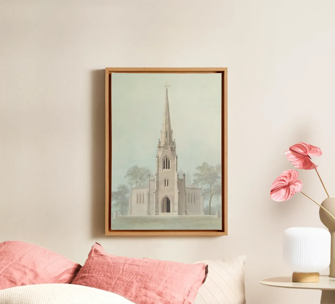Neoklassieke kerk: Tekening steile gevel & bogen canvas met Baklijst van ClubArt
