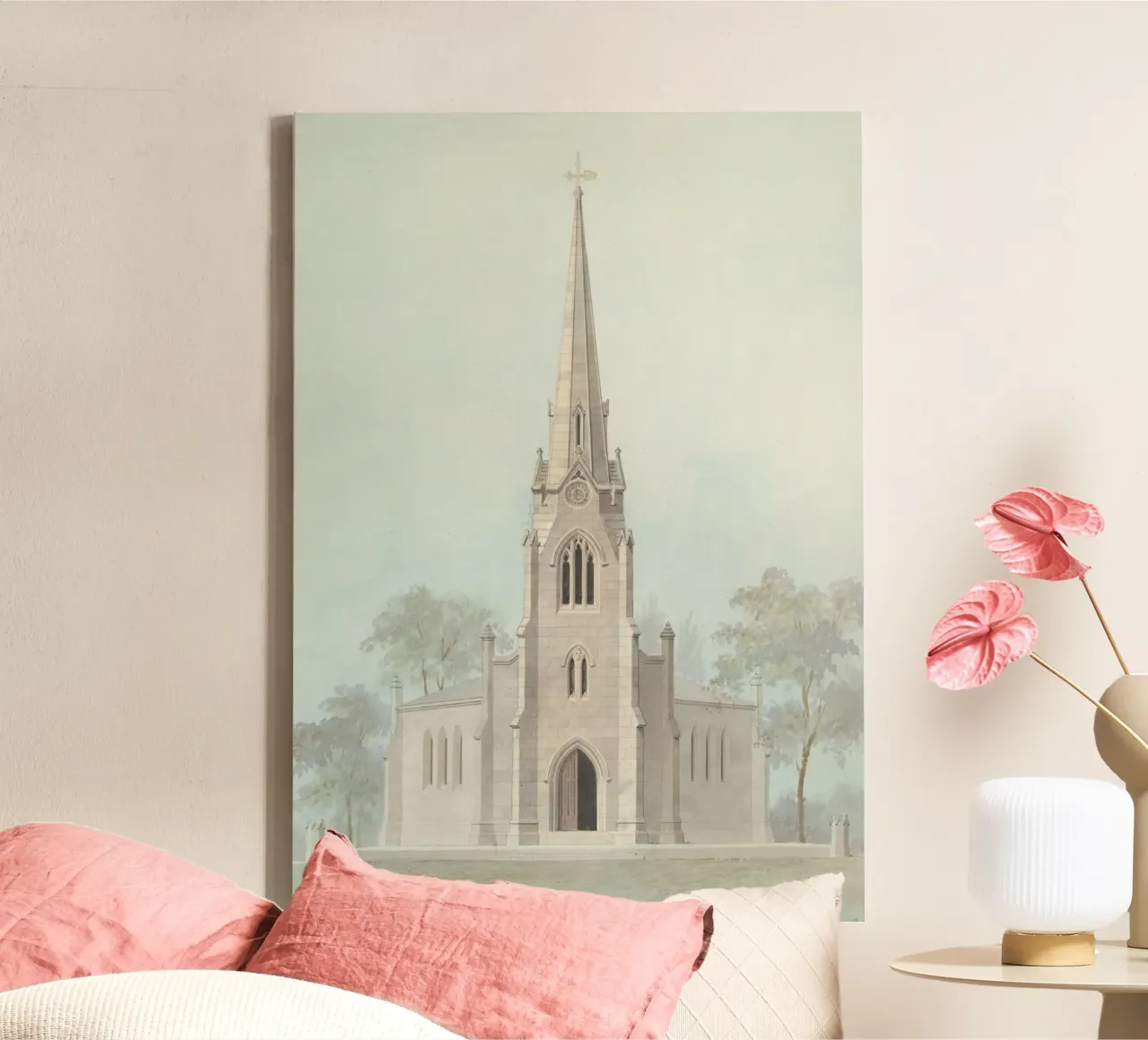 Neoklassieke kerk: Tekening steile gevel & bogen canvas met Baklijst van ClubArt