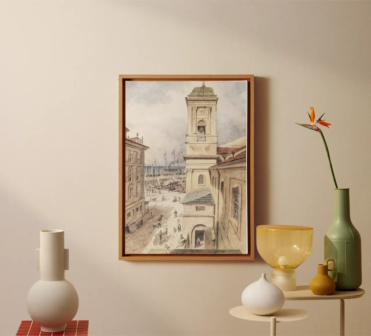 Mediterranean Port Town: Clock Tower & Harbor Scene canvas with Floater frame by ClubArt
