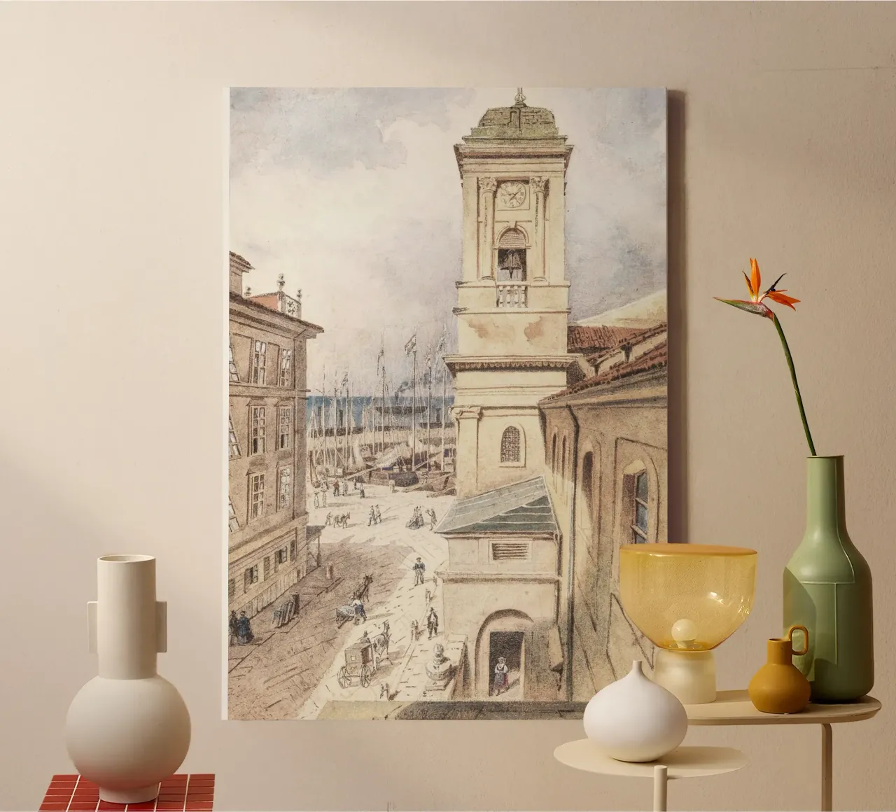 Mediterranean Port Town: Clock Tower & Harbor Scene canvas with Floater frame by ClubArt