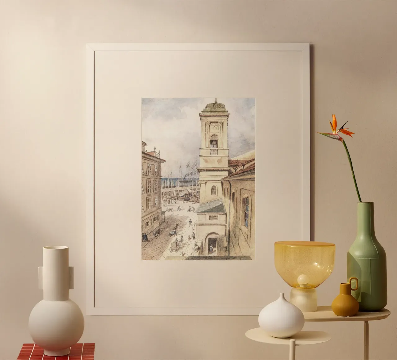 Mediterranean Port Town: Clock Tower & Harbor Scene poster by ClubArt