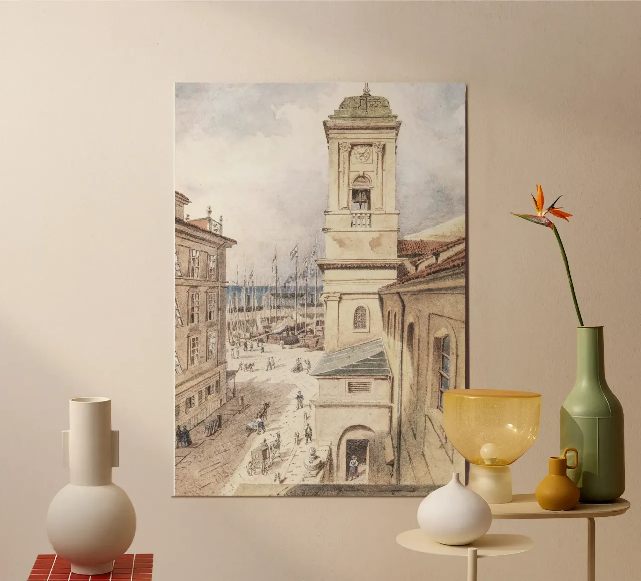 Mediterranean Port Town: Clock Tower & Harbor Scene poster by ClubArt