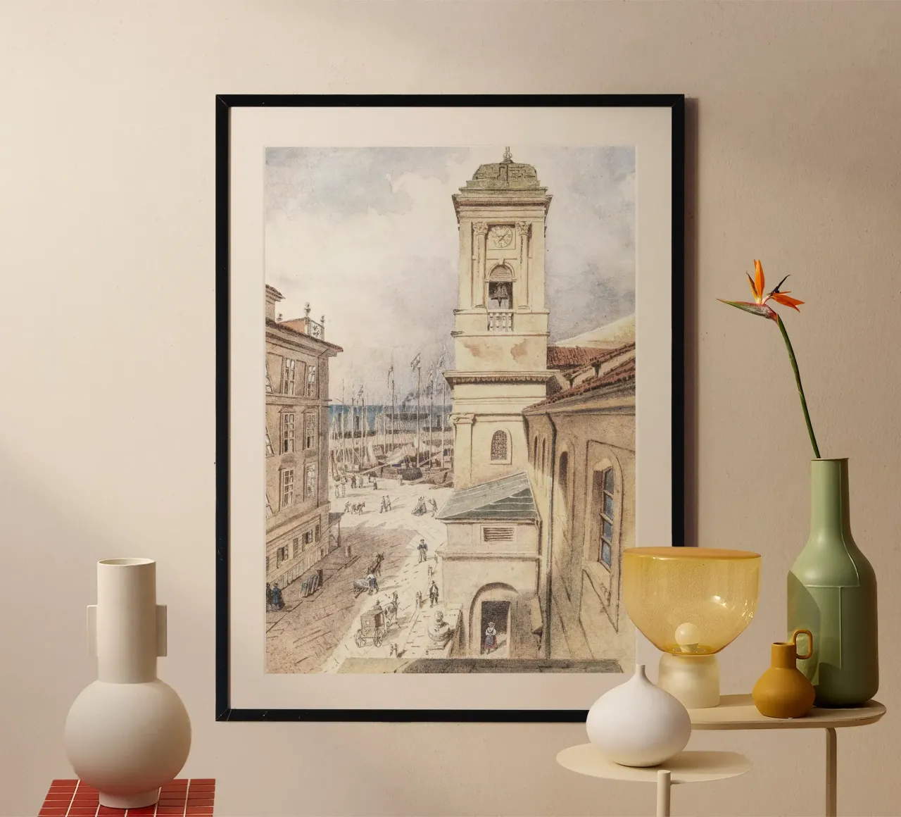 Mediterranean Port Town: Clock Tower & Harbor Scene poster by ClubArt