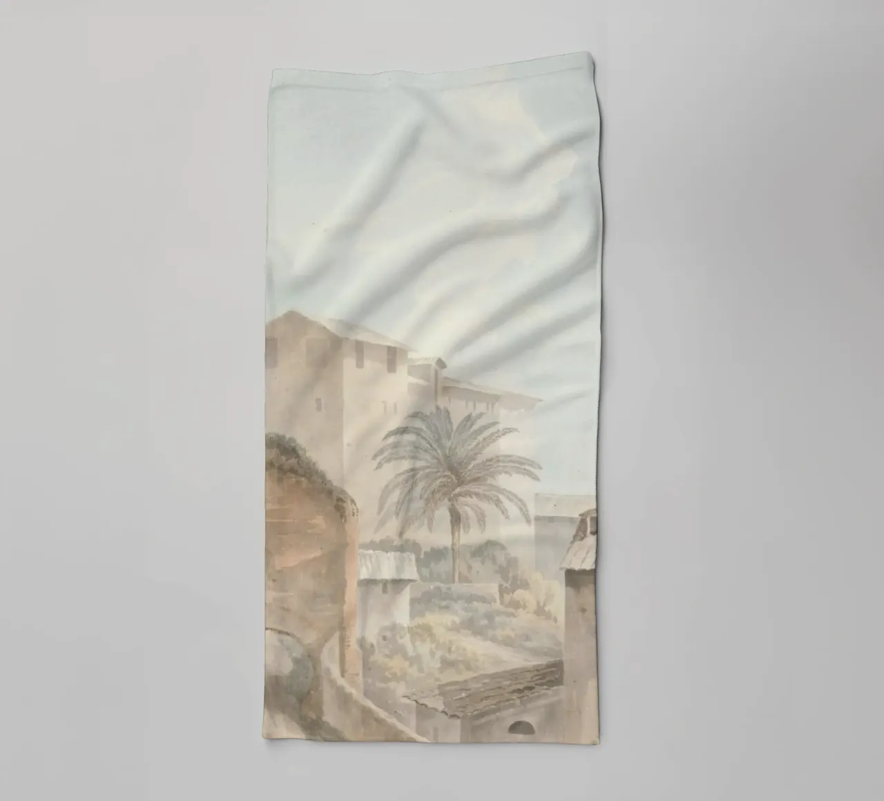 Mediterranean Hillside: Palm Tree & Historic Architecture towel by ClubArt