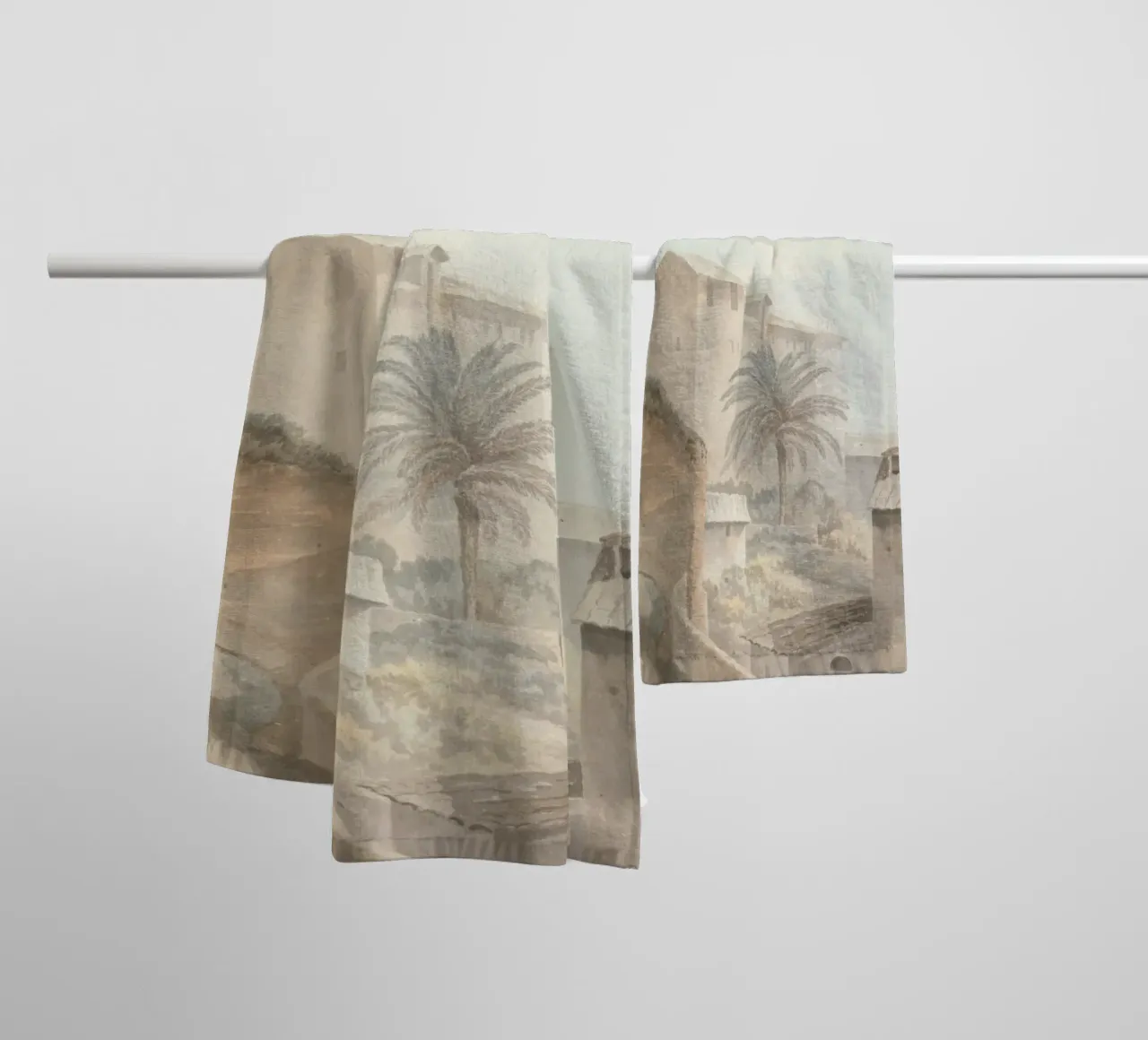 Mediterranean Hillside: Palm Tree & Historic Architecture towel by ClubArt
